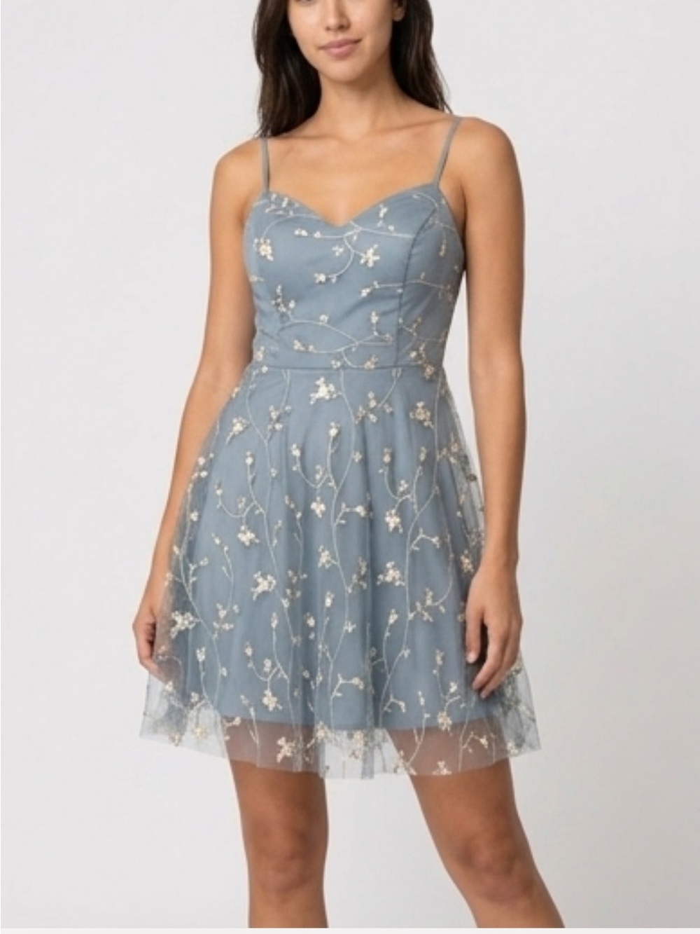 Embroidered Dusty Blue Spaghetti-Strap Mini Dress